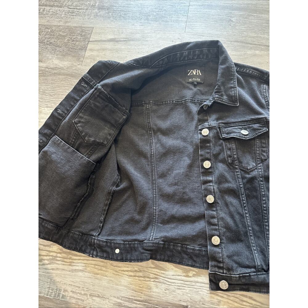 Zara Dark Black Denim Womens Size Large Classic Trucker Jean Jacket Coat - Picture 6 of 8